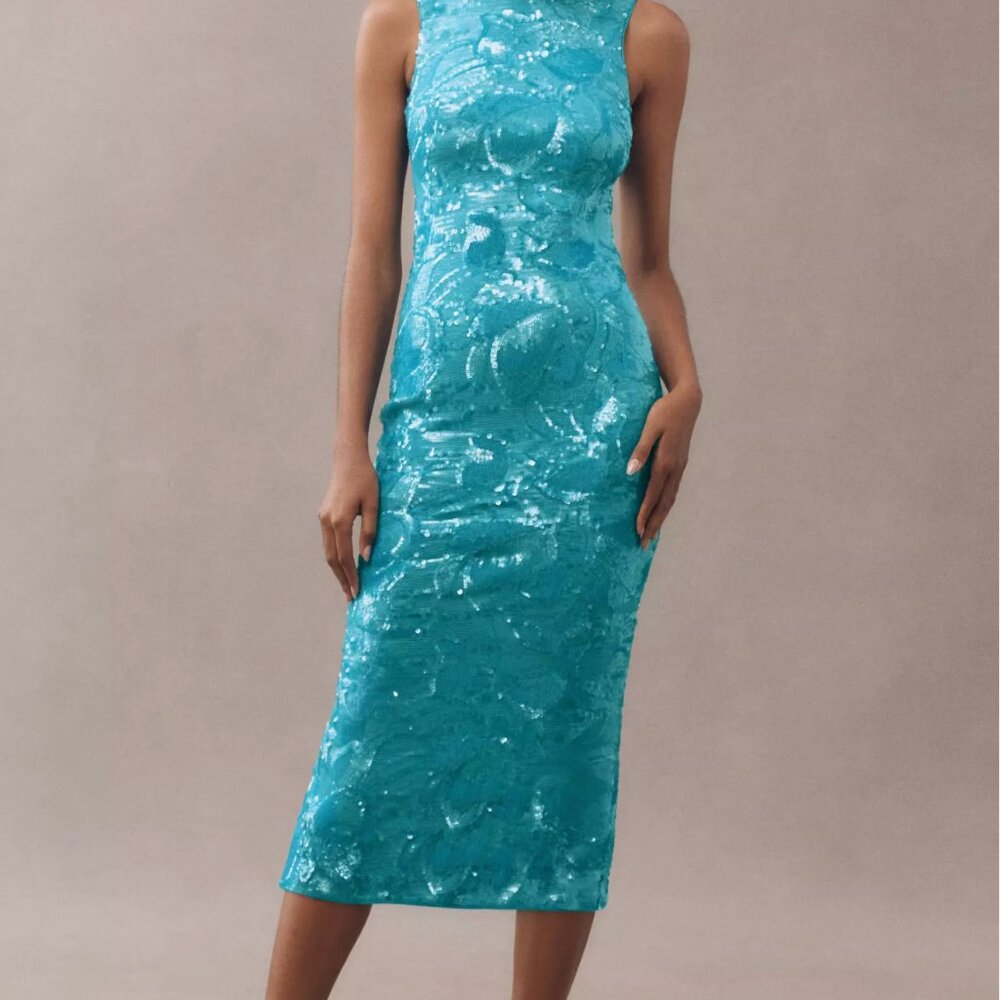 Helsi Alex Sleeveless High-Neck Floral Sequin Slim Sophisticated Midi Dress  XL